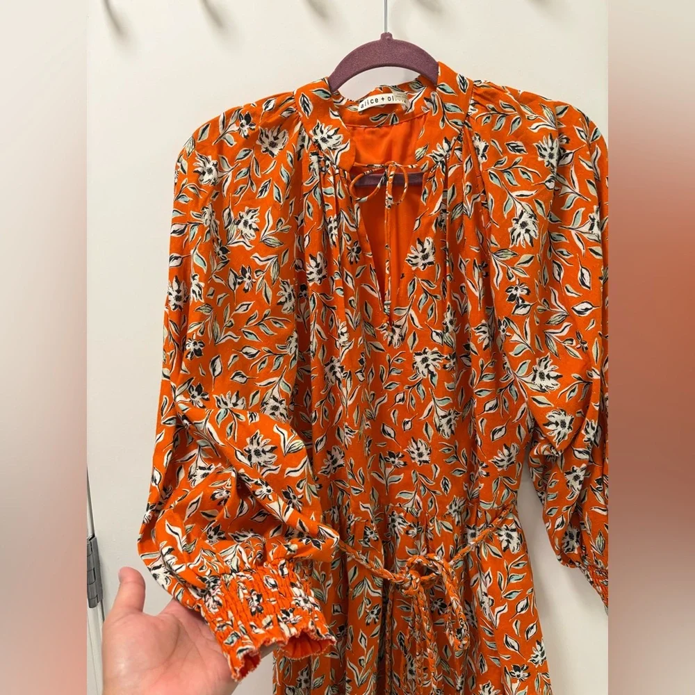 Alice + Olivia Lilian Belted Floral Print Linen-Blend Gauze Mini Dress Size 0 - Picture 5 of 12